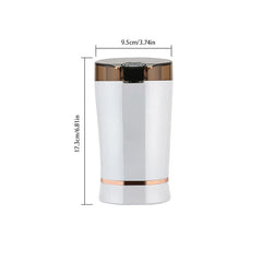 Coffee Grinding Machine - White electric grinder with rose gold trim and dark lid, shown with height 17.3cm and width 9.5cm dimensions marked