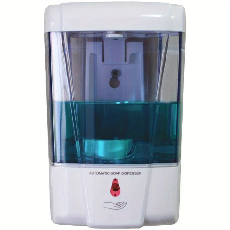 Soap Dispenser - Front view of wall-mounted automatic touchless unit with teal soap inside clear reservoir