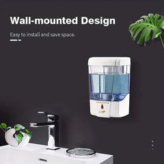 Soap Dispenser - Wall-mounted automatic touchless unit installed next to a bathroom sink with wall-mounted design text