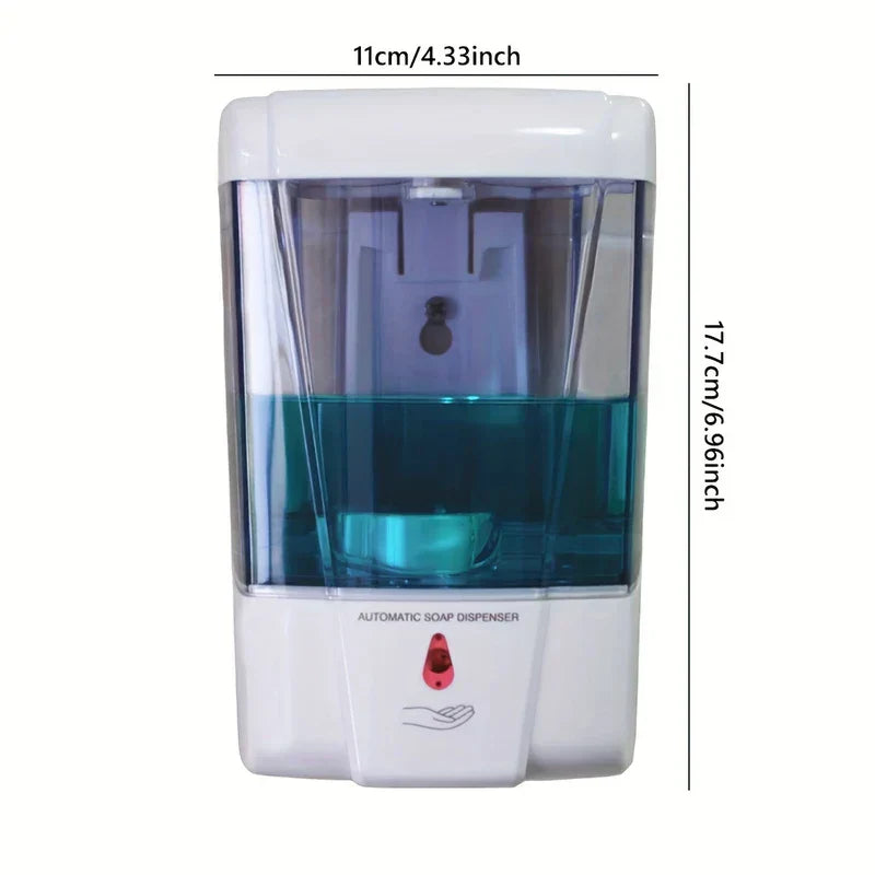 Front view of an automatic soap dispenser with teal liquid inside, showing height 17.7cm/6.96in and width 11cm/4.33in dimensions