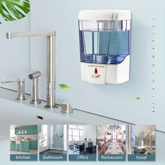 Wall-mounted automatic soap dispenser with blue liquid above a sink, with use location thumbnails at the bottom