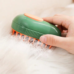 Pet Grooming Brush - A hand holds a green and orange pet brush through white fluffy fur with foam on the bristles.