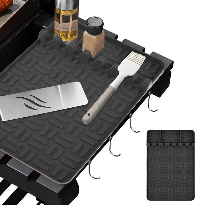 Bbq Grill Tool Rest Mat - Black tool rest mat mounted on grill side table holding grilling tools and seasoning bottles