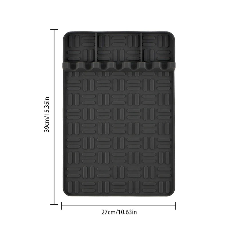 Bbq Grill Tool Rest Mat - Black rectangular grooved silicone pad with three top divided sections, labeled 39cm/15.35in tall and 27cm/10.63in wide