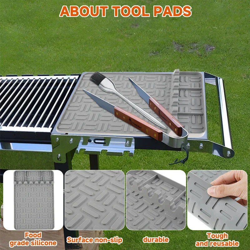 Bbq Grill Tool Rest Mat - Gray silicone tool pad on a grill side table holding two knives and a basting brush, with four small detail insets below