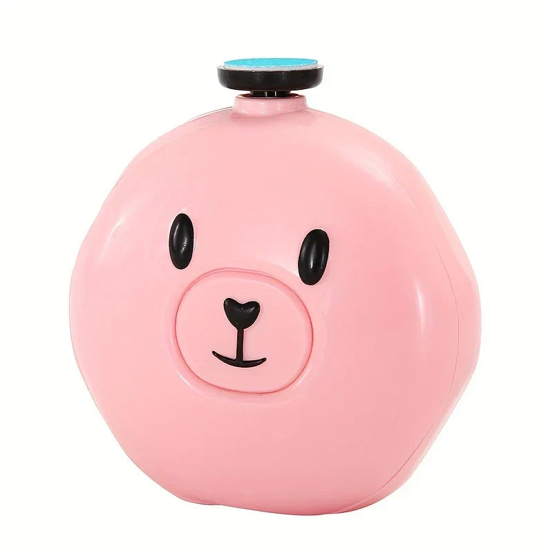Electric Nail Trimmer File Kit - Round pink bear face object with black oval eyes, heart nose, smile, and small top cap with blue surface