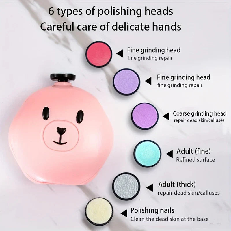Electric Nail Trimmer File Kit - Pink bear-shaped electric nail grinder displayed with 6 polishing heads of different colors and labels on a marble-patterned surface