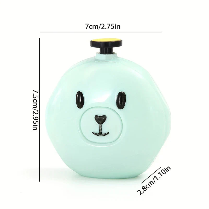 Electric Nail Trimmer File Kit - Mint green bear-shaped electric nail grinder with dimension labels showing 7cm width, 7.5cm height, and 2.8cm thickness