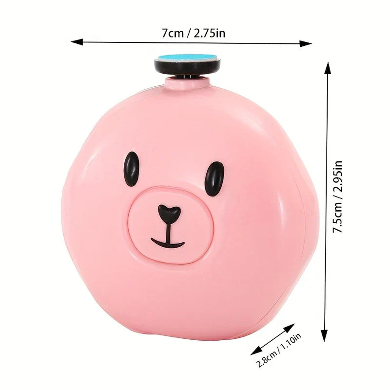 Electric Nail Trimmer File Kit - Pink bear-shaped nail grinder with width 7cm, height 7.5cm, and depth 2.8cm dimensions labeled.
