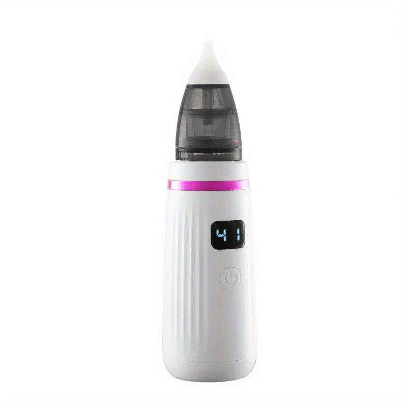 Snot Sucker - White electric nasal aspirator with pink accent band and digital display on white background
