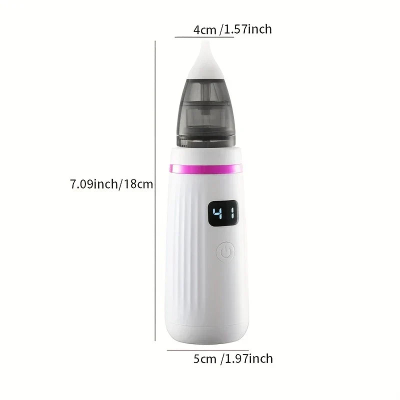 Snot Sucker - Nasal aspirator with height, width and tip dimension labels in inches and centimeters