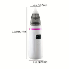 Snot Sucker - Nasal aspirator with height, width and tip dimension labels in inches and centimeters