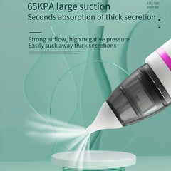 Snot Sucker - Electric nasal aspirator tip emits suction airflow against mint green background with suction text overlays