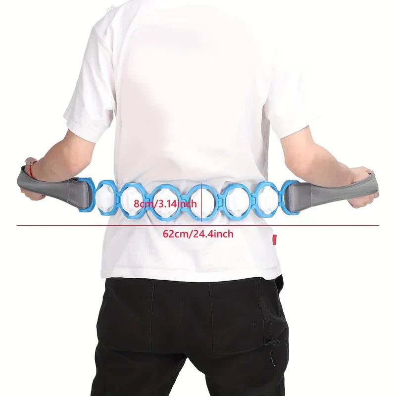 Back Stretcher Massager For Spine Relief - Back view of a person holding a gray-handled blue massage belt across their lower back, with 8cm and 62cm measurement labels