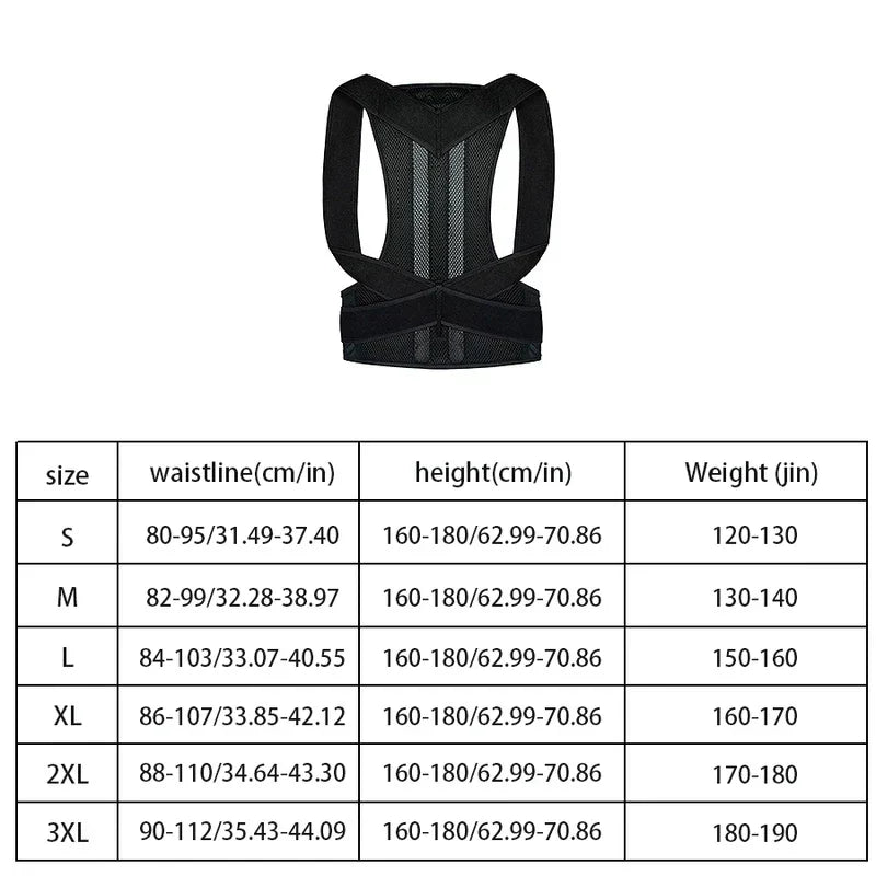 Sleeveless Tank Top - Black mesh back posture corrector shown above a size chart listing waist, height, and weight ranges for sizes S through 3XL