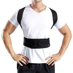 Sleeveless Tank Top - Man in a white v-neck t-shirt wearing a black posture corrector, standing with both hands on his hips