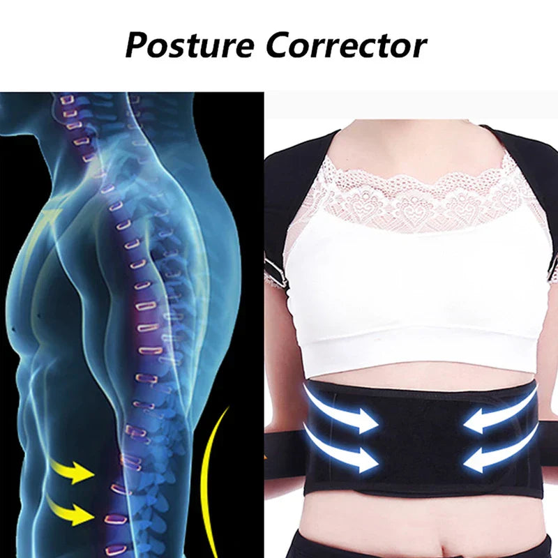 Sleeveless Tank Top - Side-by-side view: left is spinal diagram, right is person in white top wearing posture corrector with directional arrows on the waist strap