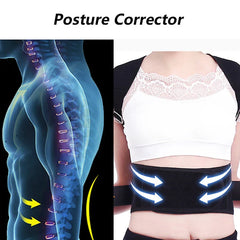 Sleeveless Tank Top - Side-by-side view: left is spinal diagram, right is person in white top wearing posture corrector with directional arrows on the waist strap