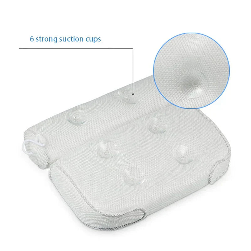 Back view of a bath pillow highlighting 6 attached suction cups with a close-up inset of one cup