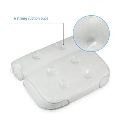 Back view of a bath pillow highlighting 6 attached suction cups with a close-up inset of one cup