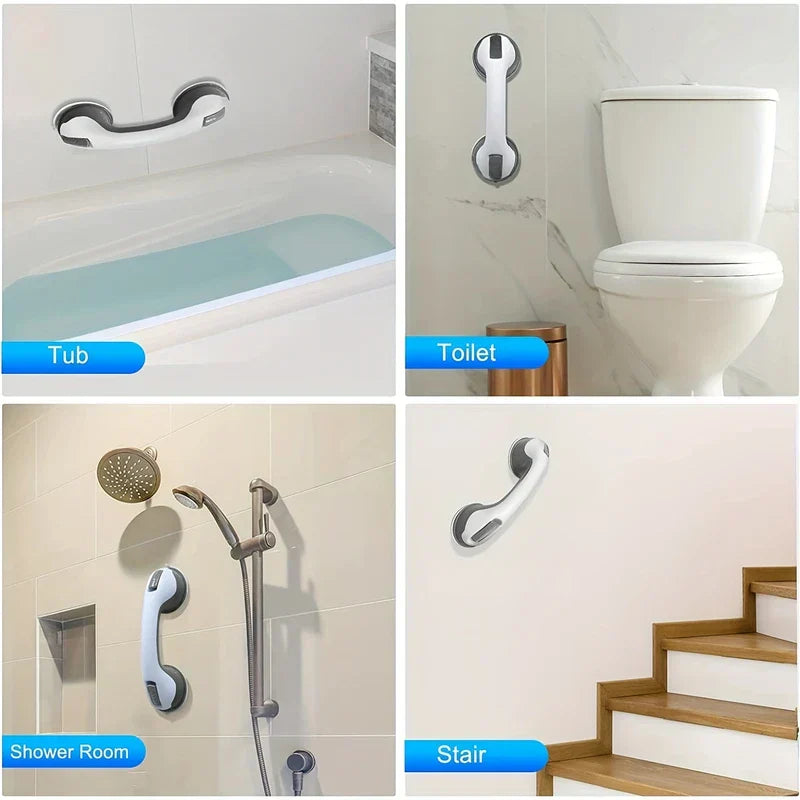 Vier Beispiele für die Platzierung eines Saugnapfgriffs: an einer Badewannenwand, neben einer Toilette, in einer Dusche und an einer Treppenwand.