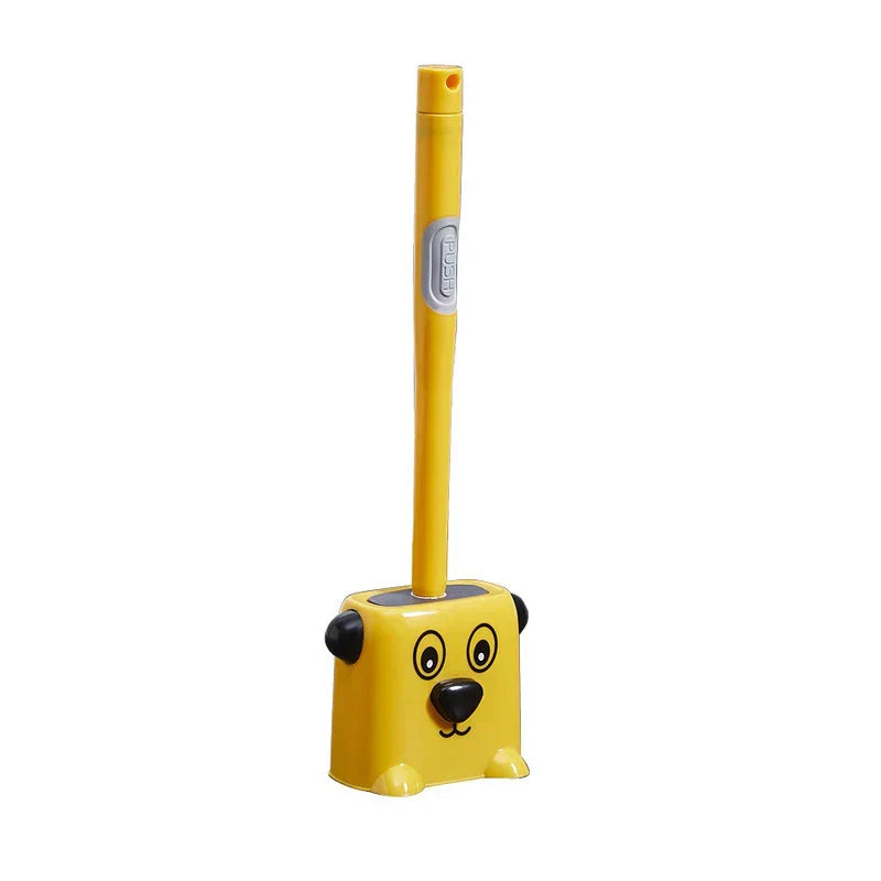 Bathroom Toilet Bowl Brush - Yellow dog-shaped brush with storage stand on white background