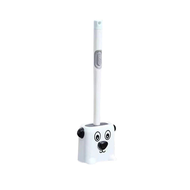 cepillo para taza de inodoro - Cepillo blanco con forma de perro de dibujos animados con base a juego, mango blanco largo con botón gris 'PUSH', orejas y detalles faciales negros