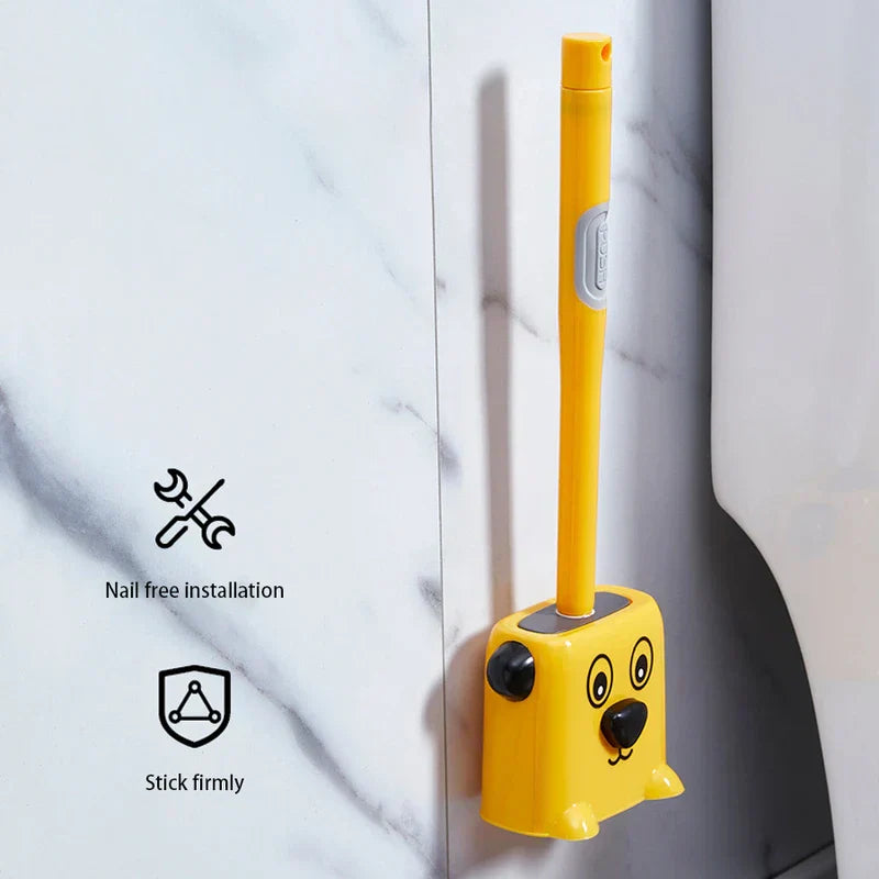 cepillo para taza de inodoro - Cepillo amarillo con forma de perro y soporte de pared junto a baldosa de mármol