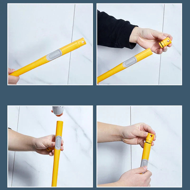 Bathroom Toilet Bowl Brush - Four-panel step-by-step assembly sequence of a yellow plastic handle, showing disconnection, parts, adhesive application, and reconnection.