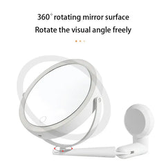 White circular wall mirror showing 360 degree rotation, with the framed & frameless bathroom wall mirror on a extendable wall bracket.