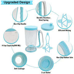 Dispensador de masa - Vaso mezclador azul claro con piezas desmontadas, rodeado de recuadros circulares ampliados de características
