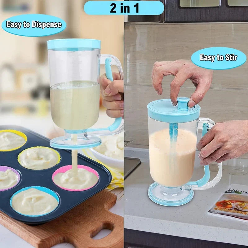 Imagen en vista dividida de un dispensador de masa 2 en 1 que muestra la dispensación de masa en moldes para muffins a la izquierda y el mezclado de masa con una perilla superior a la derecha
