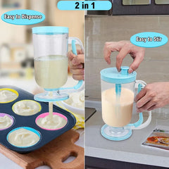 Imagen en vista dividida de un dispensador de masa 2 en 1 que muestra la dispensación de masa en moldes para muffins a la izquierda y el mezclado de masa con una perilla superior a la derecha