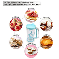 Un dispensador de masa en el centro rodeado de imágenes circulares de productos horneados: gofres, muffins, crepes, pastel de crema, pasteles y cupcakes