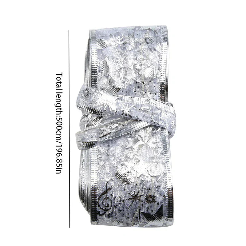 Battery Box - Roll of silver patterned ribbon with total length label 500cm/196.85in on white background