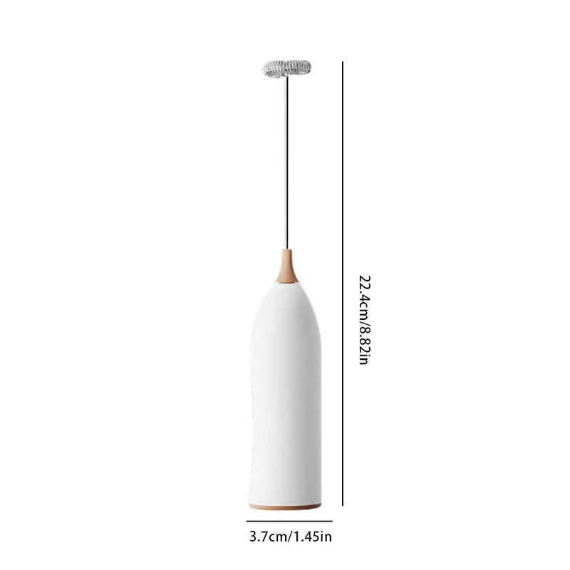 Frothing Wand - White handheld electric whisk with wood-toned top and bottom accents, total height 22.4cm, base width 3.7cm