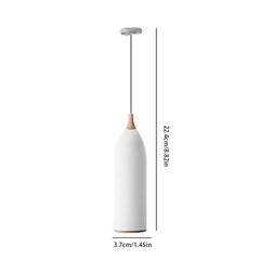 Frothing Wand - White handheld electric whisk with wood-toned top and bottom accents, total height 22.4cm, base width 3.7cm