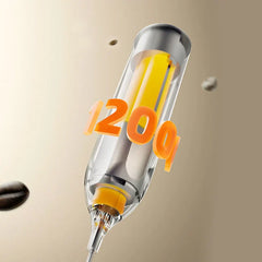 Frothing Wand - Cutaway view of a cylindrical electric whisk internal component, with bold '120g' text overlaid and small bean shapes floating nearby