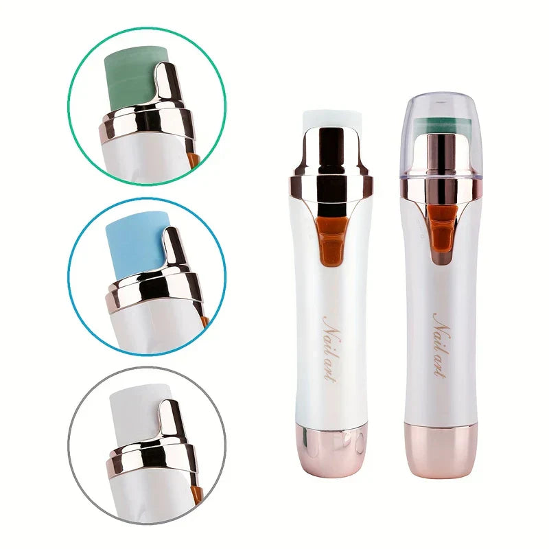 Pulidor de uñas eléctrico: dos vistas de la herramienta sin cables más insertos de cerca de tres accesorios de pulido de colores