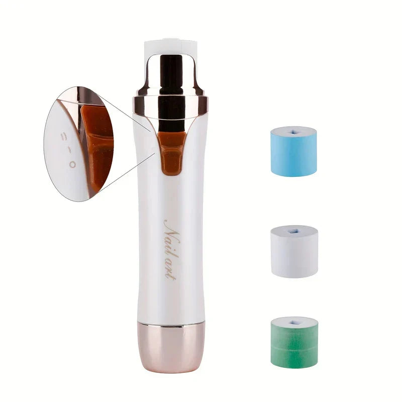 Pulidor de uñas eléctrico: herramienta eléctrica para uñas blanca y dorada rosa con tres rodillos de colores, más un primer plano del interruptor de control