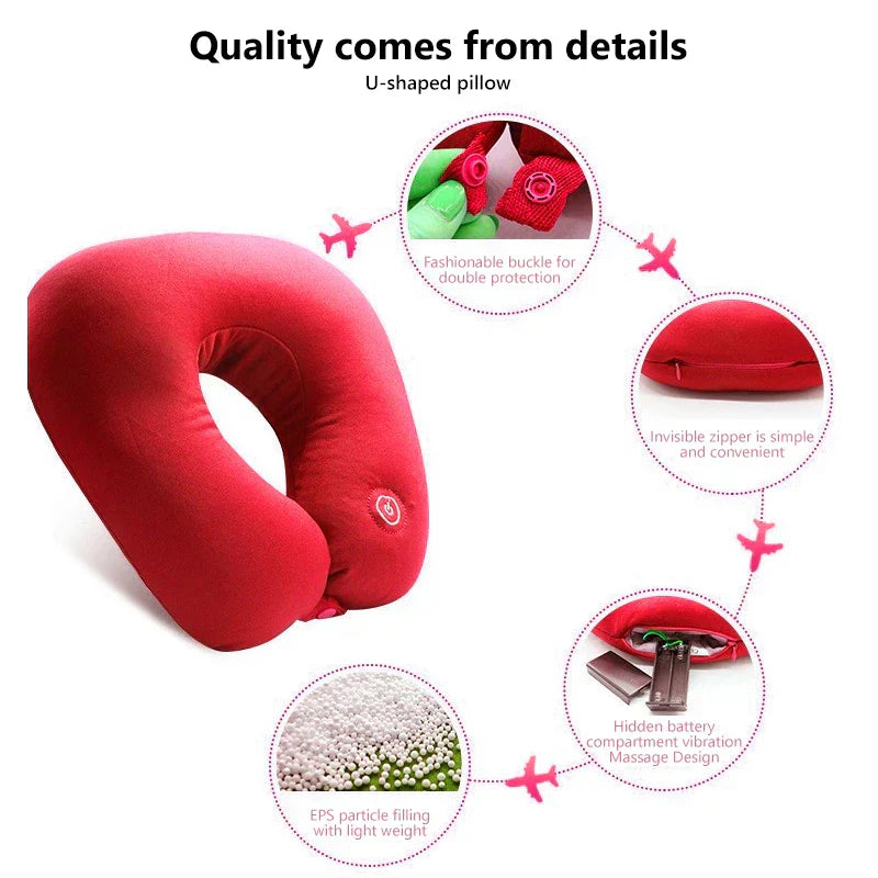 Red U-shaped massage pillow with callouts highlighting buckle, zipper, filling, and hidden battery compartment details