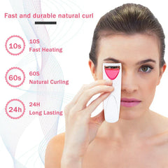 Heated Eyelash Curler - Woman using lash curler with 10s heating, 60s curling, 24h lasting text graphics