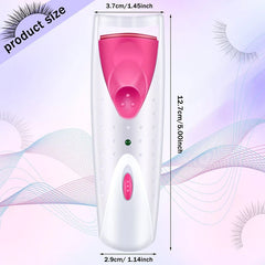 Heated eyelash curler with white body and pink accents, labeled with centimeter and inch dimensions