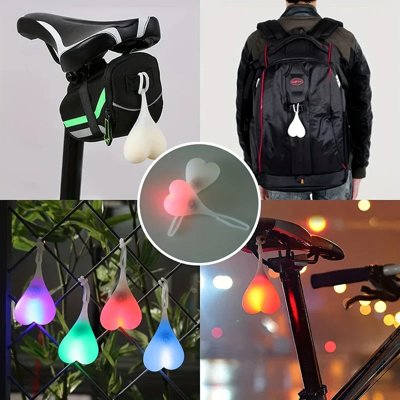 Led Bike Tail Rear Light - Four-panel collage: heart light on bike seat bag, on backpack, four colored lights on a fence, close-up of two heart lights, one glowing pink