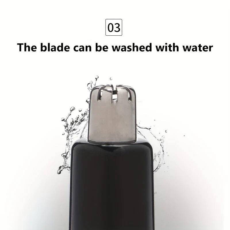 recortador de vellos nasales a batería - Cabezal de cuchilla del recortador de vellos nasales y de orejas rodeado de salpicaduras de agua, con texto sobre cuchilla lavable con agua