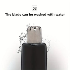 recortador de vellos nasales a batería - Cabezal de cuchilla del recortador de vellos nasales y de orejas rodeado de salpicaduras de agua, con texto sobre cuchilla lavable con agua