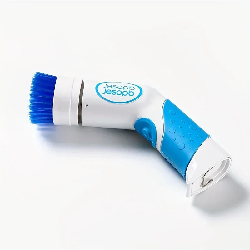 Battery operated power scrubber brush with white handle and blue bristles