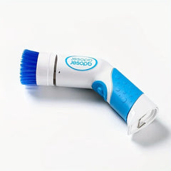 Battery operated power scrubber brush with white handle and blue bristles