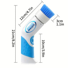 Power Scrubber Brush - Blue and white electric cleaning brush with measurement labels on a white background