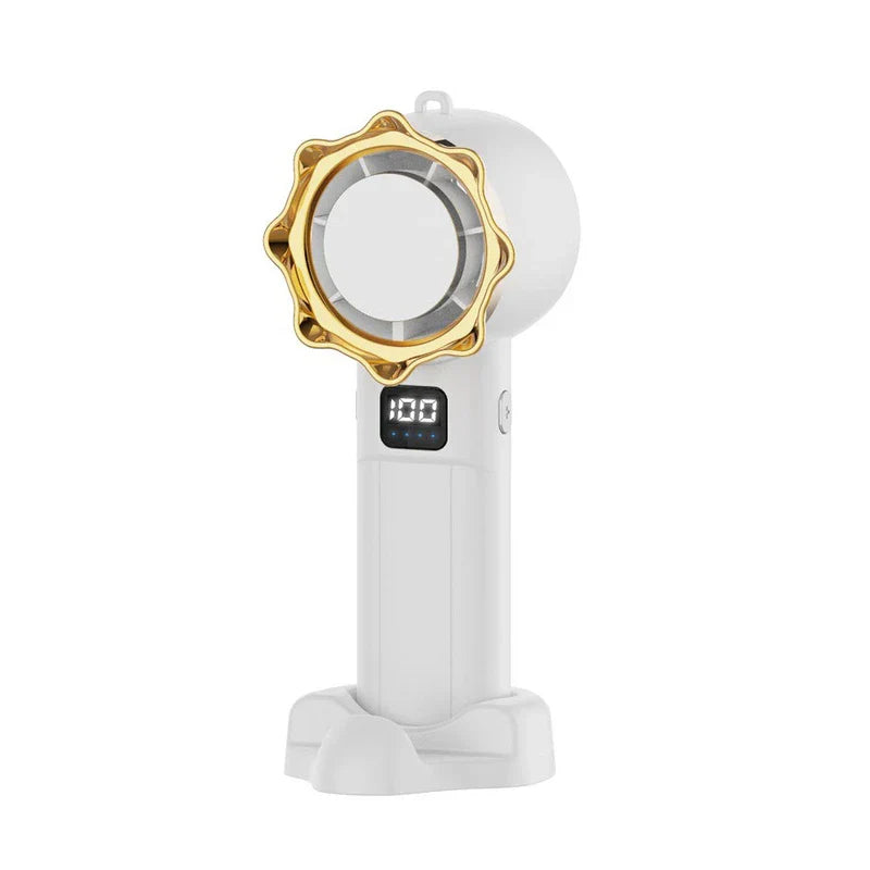 Personal Cooling Fan - White handheld fan with gold accent ring and digital display on charging base, front view